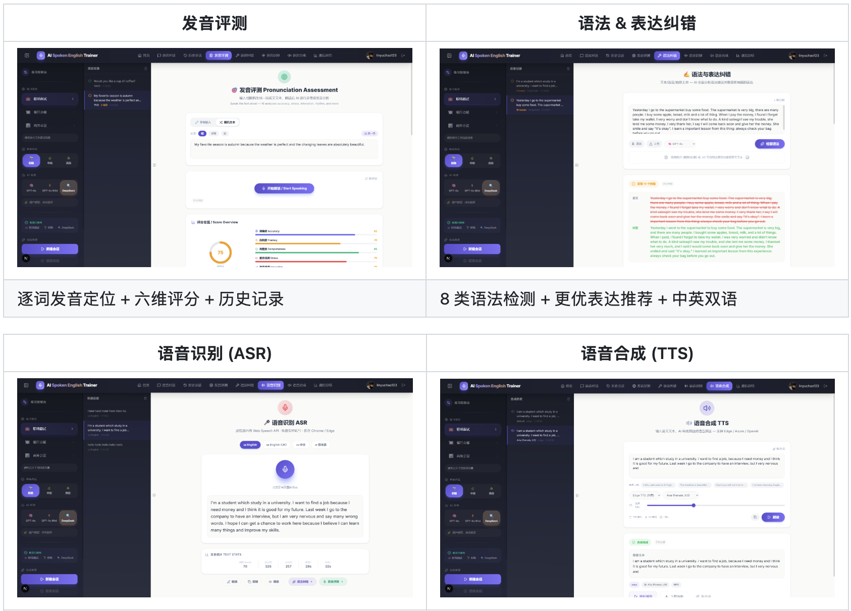 发音评测、语法纠错、语音识别与合成界面